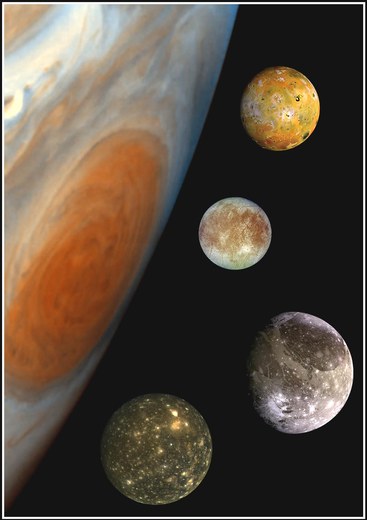 Jupiter’s Great Red Spot and the four large moons